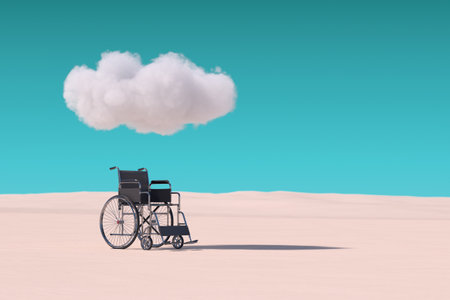 Empty Wheelchair under Cloud in Desert on a blue sky background. 3d Renderingの写真素材