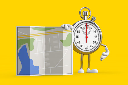 Modern Stopwatch Cartoon Person Character Mascot with Abstract City Plan Map on a yellow background....