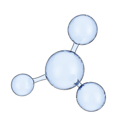 Blue Abstract Glass Molecule Model on a white background. 3d Renderingの写真素材