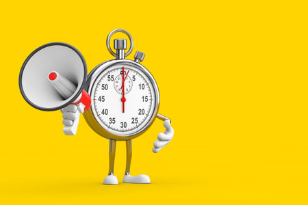 Modern Stopwatch Cartoon Person Character Mascot with Red Retro Megaphone on a yellow background. 3d Renderingの写真素材