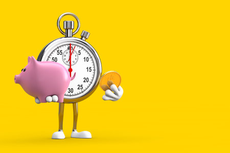 Modern Stopwatch Cartoon Person Character Mascot with Piggy Bank and Golden Dollar Coin on a yellow background. 3d Renderingの写真素材
