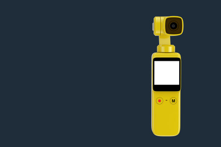 Yellow Pocket Handheld Gimbal Action Camera on a dark blue background. 3d Renderingの写真素材