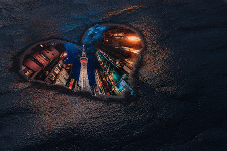 Love New York Concept. Reflection of Skyscrapers Buildings Street Through Puddle in Shape of Heart extreme closeup. 3d Renderingの写真素材