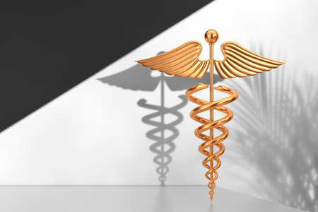 Gold Medical Caduceus Symbol on a White Product Presentation Podium Cube extreme closeup. 3d Renderingの写真素材