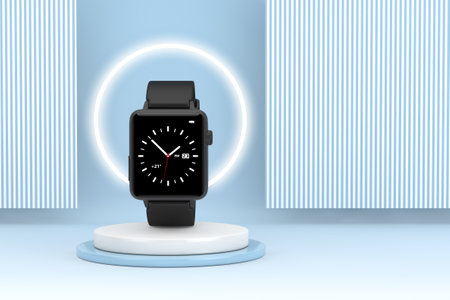 Black Modern Smart Watch Mockup on top of Product Presentation Stage or Pedestal on a blue...