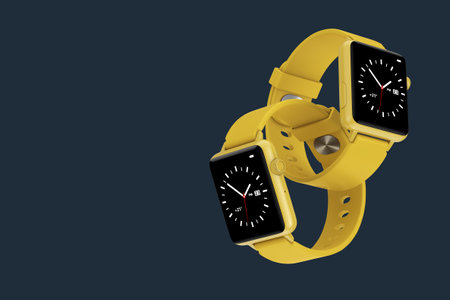 Yellow Modern Smart Watch Mockups Connected Together on a dark blue background. 3d Renderingの写真素材