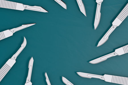 Set of Surgical Stainless Steel Metal Scalpels on a green background. 3d Renderingの写真素材