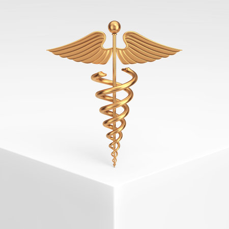 Gold Medical Caduceus Symbol on a White Product Presentation Podium Cube extreme closeup. 3d Renderingの写真素材