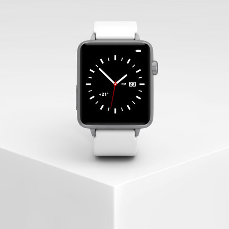 White Modern Smart Watch Mockup on a White Product Presentation Podium Cube extreme closeup. 3d Renderingの写真素材