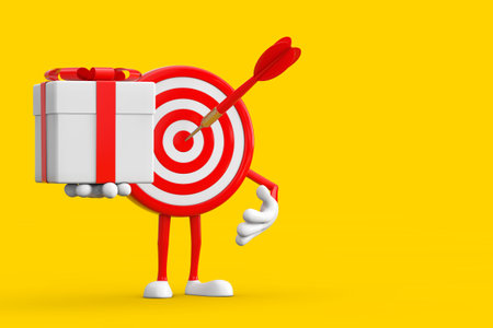 Archery Target and Dart in Center Cartoon Person Character Mascot and Gift Box with Red Ribbon on a yellow background. 3d Renderingの写真素材