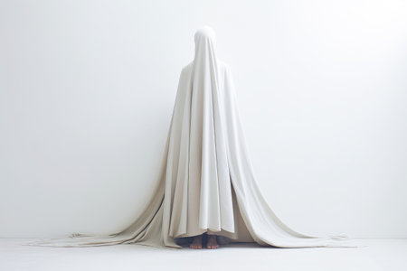 Hidden Depression Concept. Woman Covered with a White Sheet Like a Ghost on a White Background. Generative AIの素材