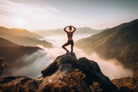 Athletic Woman Practicing Yoga on a Scenic Mountain Top at Sunrise extreme closeup. Generative AIの素材
