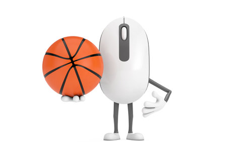 Computer Mouse Cartoon Person Character Mascot with Basketball Ball on a white background. 3d Renderingの写真素材