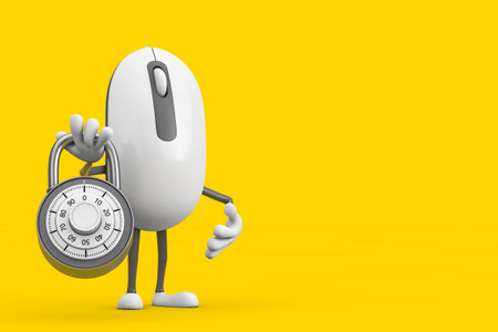 Computer Mouse Cartoon Person Character Mascot with Silver Combination Padlock on a yellow background. 3d Renderingの写真素材