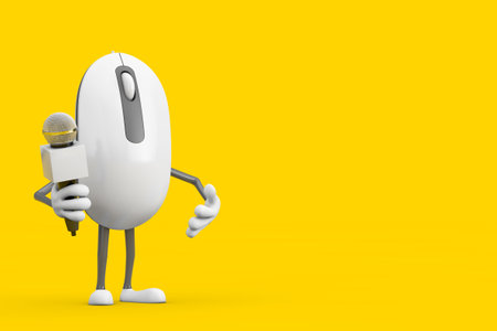 Computer Mouse Cartoon Person Character Mascot with Modern Chrome Microphone on a yellow background. 3d Renderingの写真素材