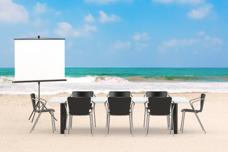 Projection Screen, Table and Chairs as Office Concept on an Ocean or Sea Summer Sand Beach background. 3d Renderingの写真素材