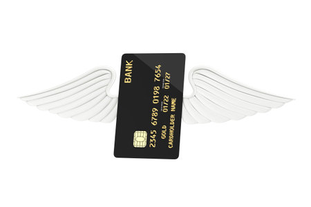 Black Plastic Golden Credit Card with Chip and Angel Wings on a white background. 3d Rendering