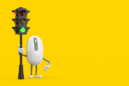Computer Mouse Cartoon Person Character Mascot with Traffic Green Light on a yellow background. 3d Renderingの写真素材