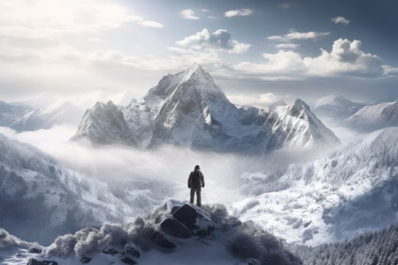 Business, Success, Leadership and Achievement Concept. Man Hiking on Top of a Rocky Mountain Peak with Sky and Clouds. Generative AIの素材