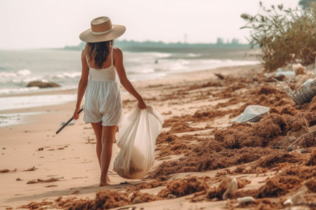 Woman Collecting Seaweed and Picking Up Trash From the Beach extreme closeup. Generative AIの素材
