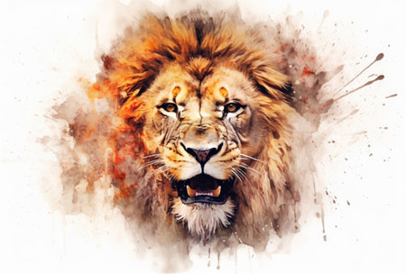 Watercolor Head of Lion Portrait on a white background. Generative AIの素材