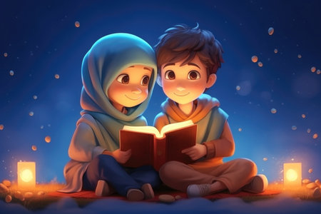 Cartoon Cute Girl and Boy Reading a Fairytale Magic Book Under the Magical Night Sky extreme closeup. Generative AIの素材