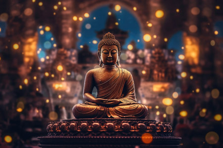 Statue of Spiritual Teacher Buddha in Calm Rest Pose with Shining Light on a dark background. Generative AIの素材
