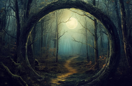 Scary Night Fairytale Mysterious Dense Forest extreme closeup. Generative AIの素材