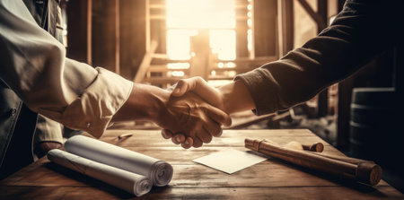 Two Workers Shaking Hands over Paperworks extreme closeup. Generative AIの素材