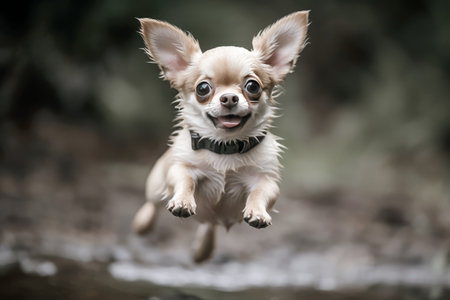 Cute Chihuahua Puppy Fly in Air During a Playful Jump extreme closeup. Generative AIの素材