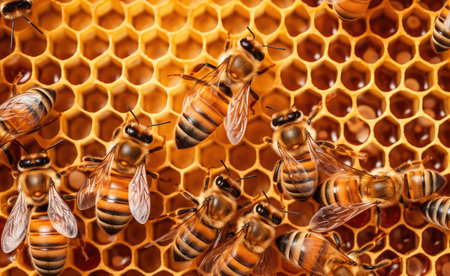 Working Bees on a Honeycomb extreme closeup. Generative AIの素材