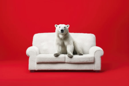 Cute Funny Polar White Bear on the White Couch in Red Empty Room extreme closeup. Generative AIの素材