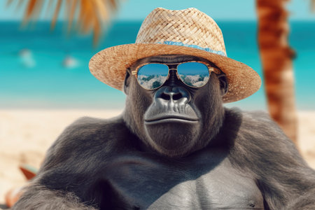 Beautiful Cute Funny Gorilla in a Hat and Sunglasses Relaxes on the Ocean Beach extreme closeup. Generative AIの素材