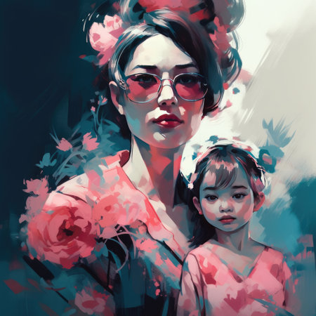 Mother and Daughter in Pink Bloom Watercolor Painting extreme closeup. Generative AIの素材