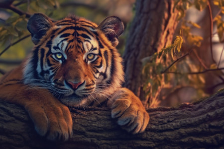 Beautiful Tiger Rest on a Tree Branch extreme closeup. Generative AIの素材
