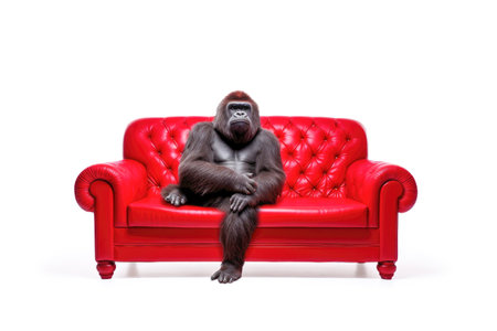 Cute Funny Gorilla Relaxon Sitting Relaxed on the Red Couch in White Empty Room extreme closeup. Generative AIの素材
