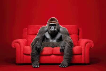 Cute Funny Gorilla Relaxon Sitting Relaxed on the Red Couch in Red Empty Room extreme closeup. Generative AIの素材