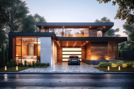 Architecture of a Modern Cozy House Surrounded by Trees, extreme closeup. Generative AIの素材