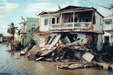 Collapsed Walls of Houses and Damaged Roofs Due to the Strongest Storm and Hurricane extreme closeup. Generative AIの素材