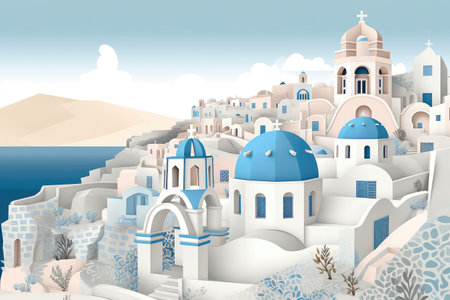 Travel to Greece Concept. Travel Poster with Paper Cut Out Beautiful Buildings on the Santorini Island extreme closeup. Generative AIの素材