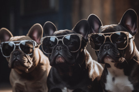 Cute French Buldogs Family in Sunglasses extreme closeup. Generative AIの素材