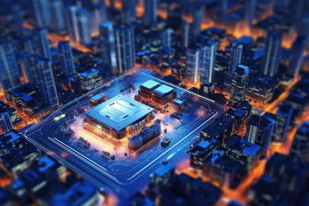 Computer Motherboard With a CPU Processor in the Shape of an Abstract Digital City extreme closeup. Generative AIの素材