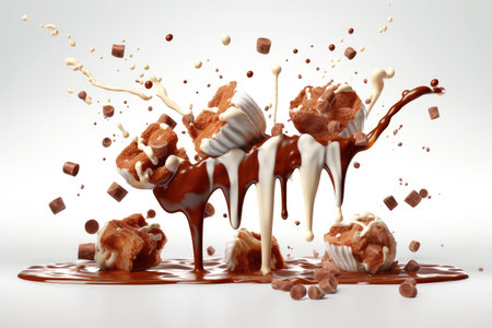 Variety Chocolate Pralines and Pieces Splashed Falling into Liquid Hot Chocolate extreme closeup. Generative AIの素材