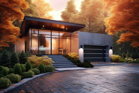 Architecture of a Modern Cozy House Surrounded by Trees, extreme closeup. Generative AIの素材