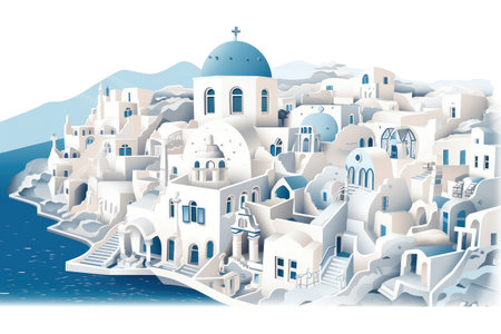 Travel to Greece Concept. Travel Poster with Paper Cut Out Beautiful Buildings on the Santorini Island extreme closeup. Generative AIの素材