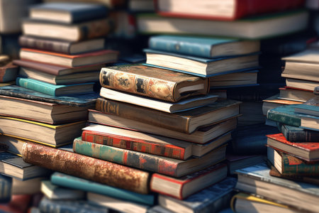 Stack of Old Vintage Retro Books Piled One Next to Another extreme closeup. Generative AIの素材