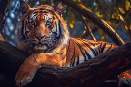Beautiful Tiger Rest on a Tree Branch extreme closeup. Generative AIの素材