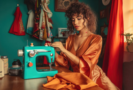 Beautyful Young Woman Stitching on Sewing Machine extreme closeup. Generative AIの素材