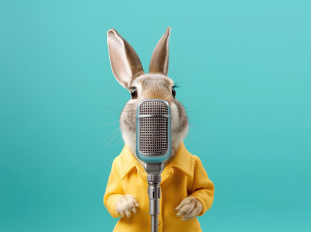 Beautiful Cute Rabbit in Yellow Costume Singing in Microphone extreme closeup. Generative AIの素材