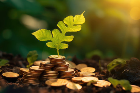 Wealth Business Concept. New Tree Growing in a Stacks of Coins extreme closeup. Generative AIの素材